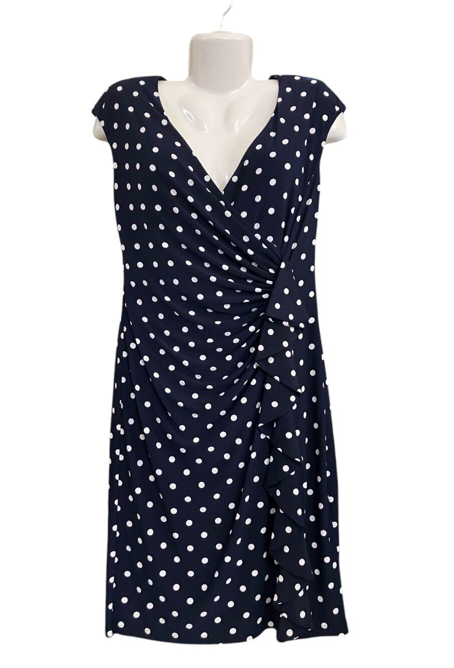 American Living Women's Navy/White Polka Dot V-Neck Wrap Cap Sleeve Dress SZ 10